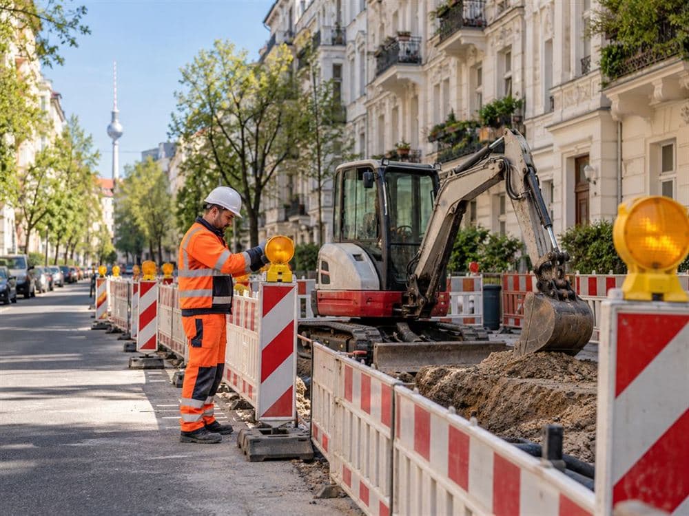 Abgesicherte Baustelle in Berlin mit Absperrschranken, Leitbaken und Warnleuchten