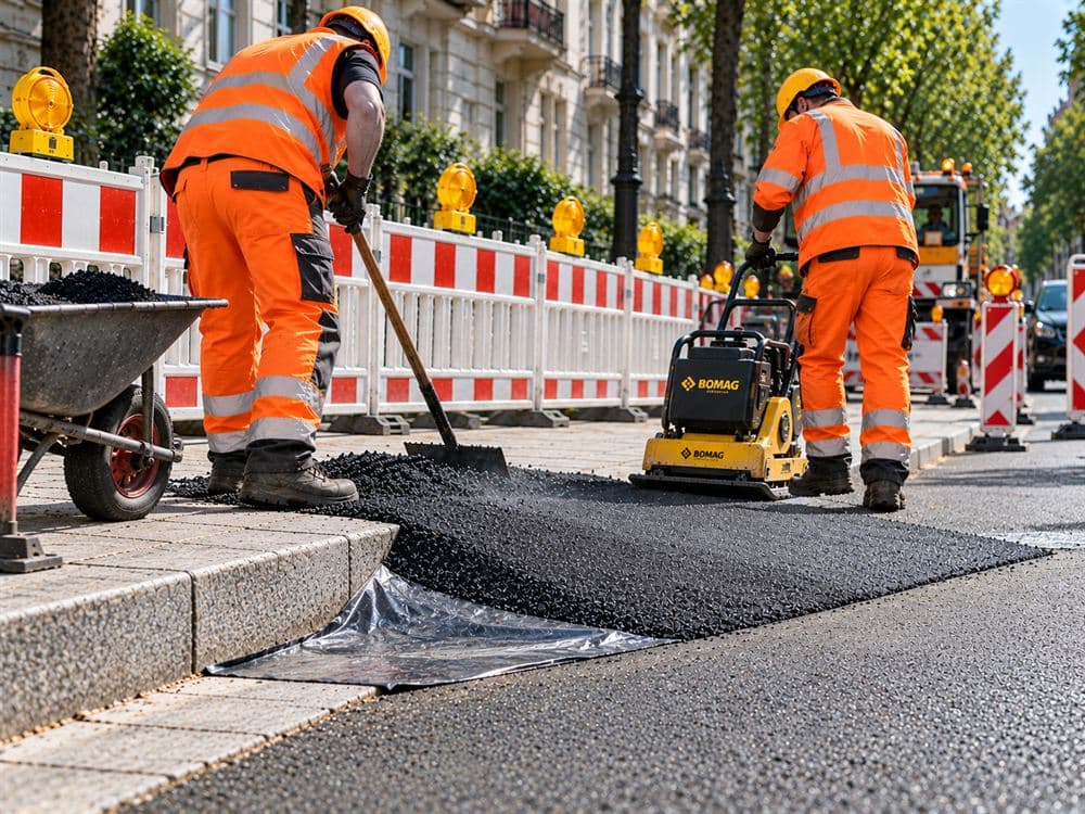 Zwei Arbeiter bauen an einer Berliner Baustelle eine Bordsteinrampe aus Asphalt ein: frisches Mischgut auf Trennfolie an der Bordsteinkante, Verdichtung mit Rüttelplatte, dahinter Absperrschranken mit Warnleuchten