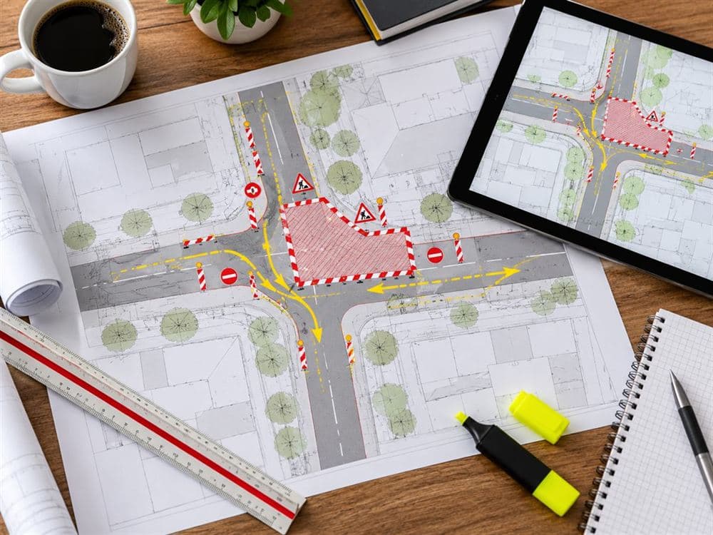 Verkehrszeichenplan für eine Baustelle an einer Kreuzung, ausgedruckt und auf dem Tablet